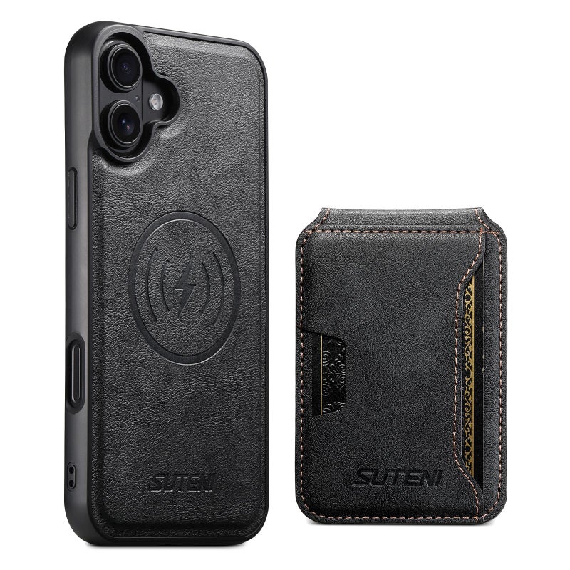 Suteni For Iphone 17 M3 Card Bag Magsafe Cowhide Texture Leather Phone Case(Black) - Image 1