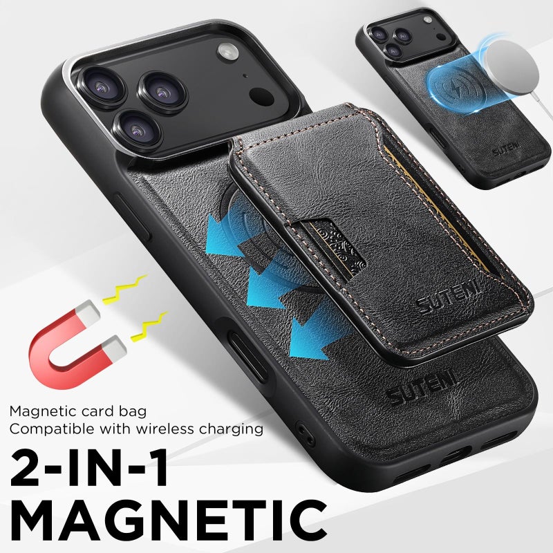 Suteni For Iphone 17 M3 Card Bag Magsafe Cowhide Texture Leather Phone Case(Black) - Image 5