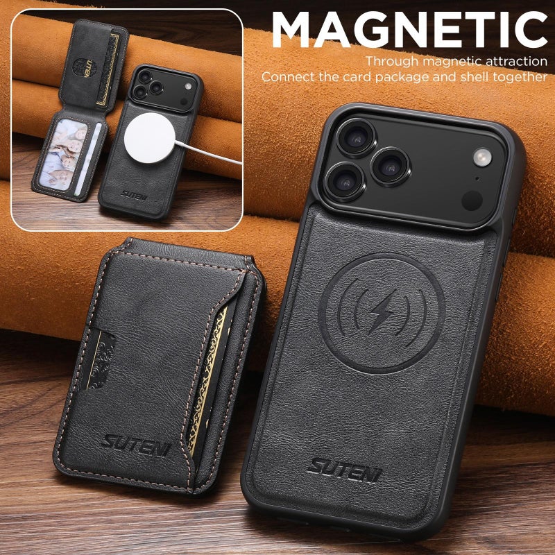 Suteni For Iphone 17 M3 Card Bag Magsafe Cowhide Texture Leather Phone Case(Black) - Image 3