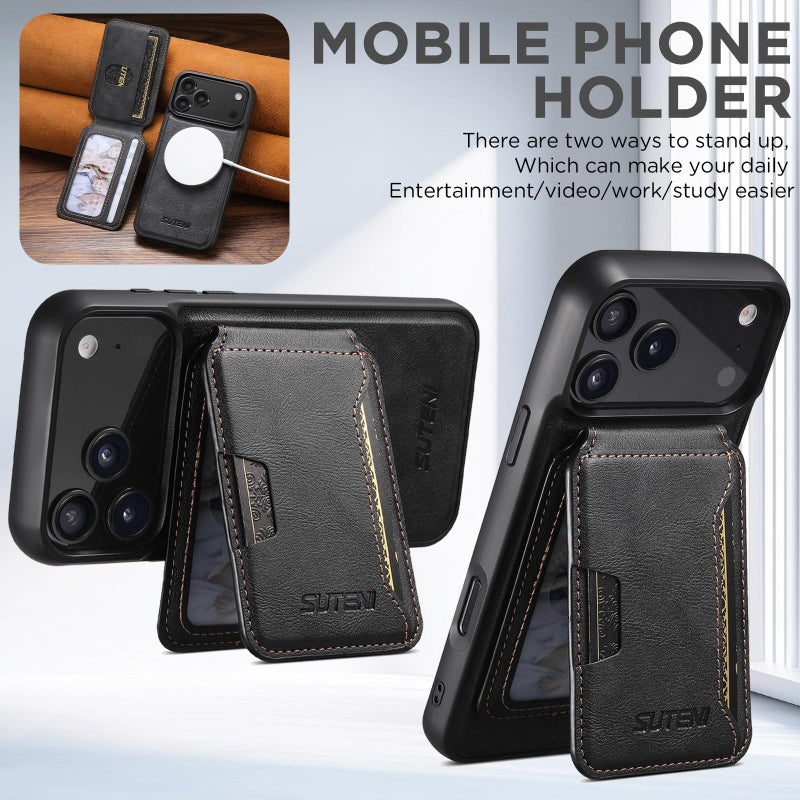 Suteni For Iphone 17 M3 Card Bag Magsafe Cowhide Texture Leather Phone Case(Black) - Image 4