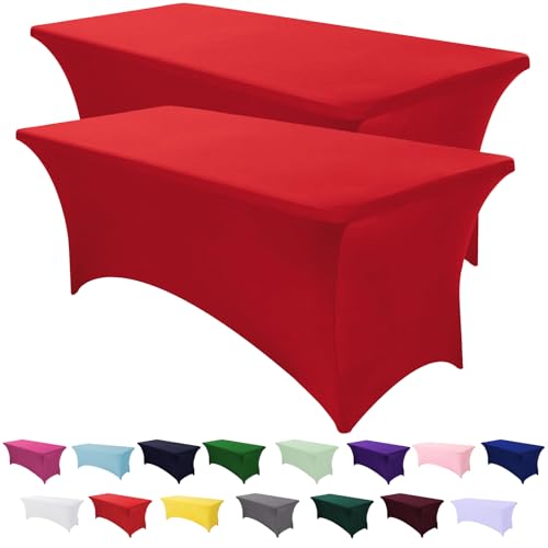 SEPARO 2 Pack 6 Ft Red Table Cover Fitted Rectangular Tablecloth Stretchable Fabric Table Cloth 6 ft Wrinkle-Free for Party Tradeshows Banquet Weddings Cocktail - Image 1