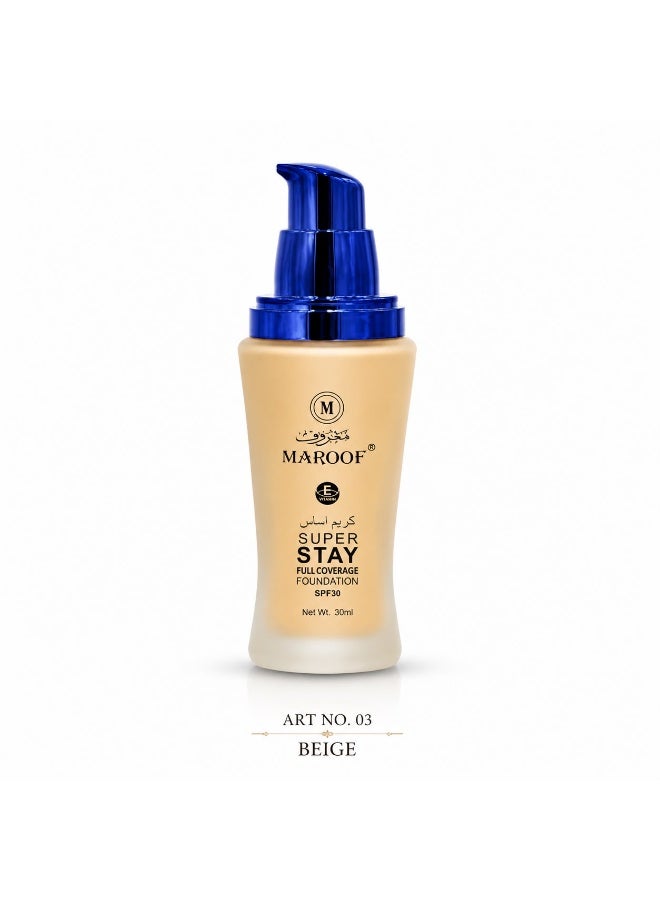 Maroof Foundation 03 BEIGE SPF 30 with Vitamin E – 24H Long Lasting Waterproof Full Coverage Foundation for All Skin Types - Image 1