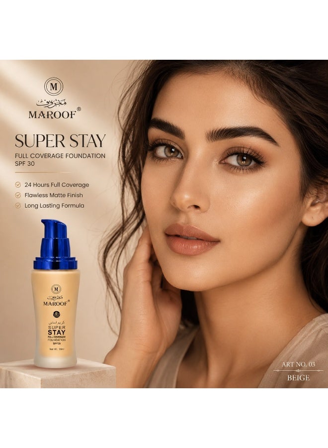 Maroof Foundation 03 BEIGE SPF 30 with Vitamin E – 24H Long Lasting Waterproof Full Coverage Foundation for All Skin Types - Image 3