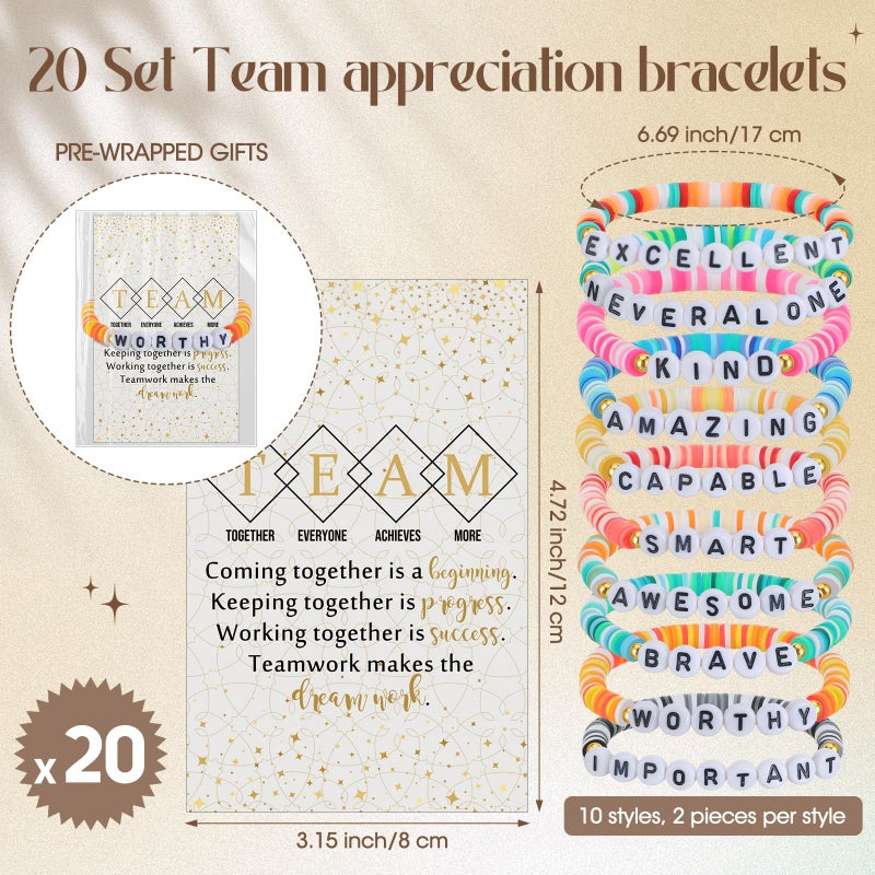 Landical 20 Set Inspirational Friendship Bracelet Bulk Employees Appreciation Gift Motivational Clay Beaded Bracelets with Team Quotes Card for Social Worker Assistant Coworkers Office(Bright Color) - Image 2