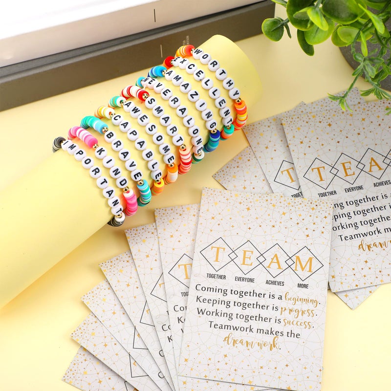 Landical 20 Set Inspirational Friendship Bracelet Bulk Employees Appreciation Gift Motivational Clay Beaded Bracelets with Team Quotes Card for Social Worker Assistant Coworkers Office(Bright Color) - Image 4