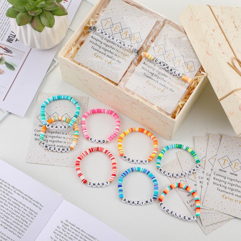 Landical 20 Set Inspirational Friendship Bracelet Bulk Employees Appreciation Gift Motivational Clay Beaded Bracelets with Team Quotes Card for Social Worker Assistant Coworkers Office(Bright Color) - Image 5