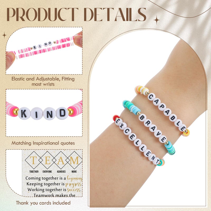 Landical 20 Set Inspirational Friendship Bracelet Bulk Employees Appreciation Gift Motivational Clay Beaded Bracelets with Team Quotes Card for Social Worker Assistant Coworkers Office(Bright Color) - Image 3
