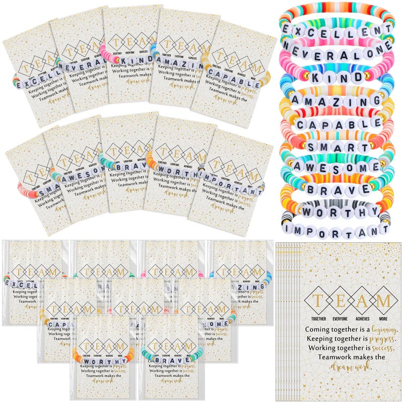 Landical 20 Set Inspirational Friendship Bracelet Bulk Employees Appreciation Gift Motivational Clay Beaded Bracelets with Team Quotes Card for Social Worker Assistant Coworkers Office(Bright Color) - Image 1