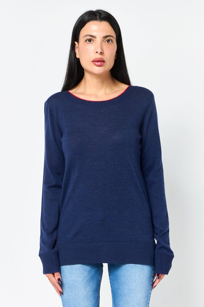LACOSTE Women Crew Neck Plain Sweater, Navy - Image 1