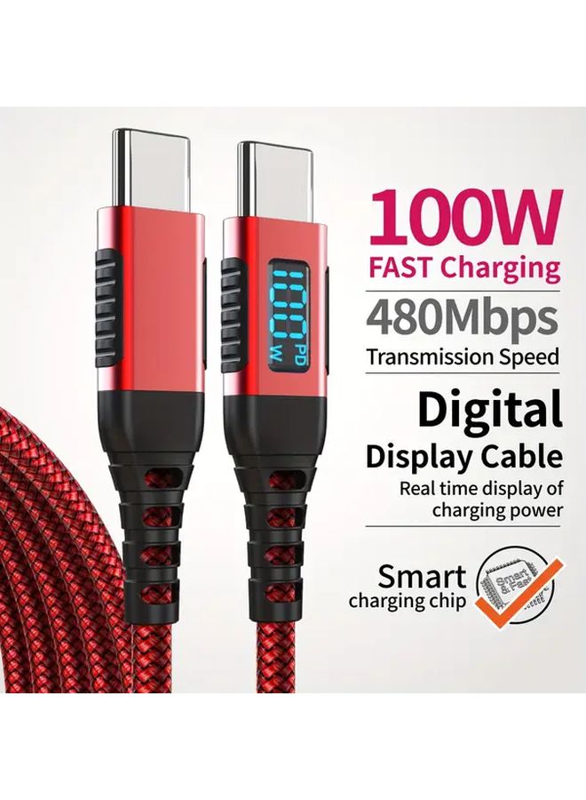 كابل USB-C من النايلون الأحمر المنسوج بطول 2 متر، شحن سريع بقوة 100 واط مع شاشة LED عرضية - Image 1
