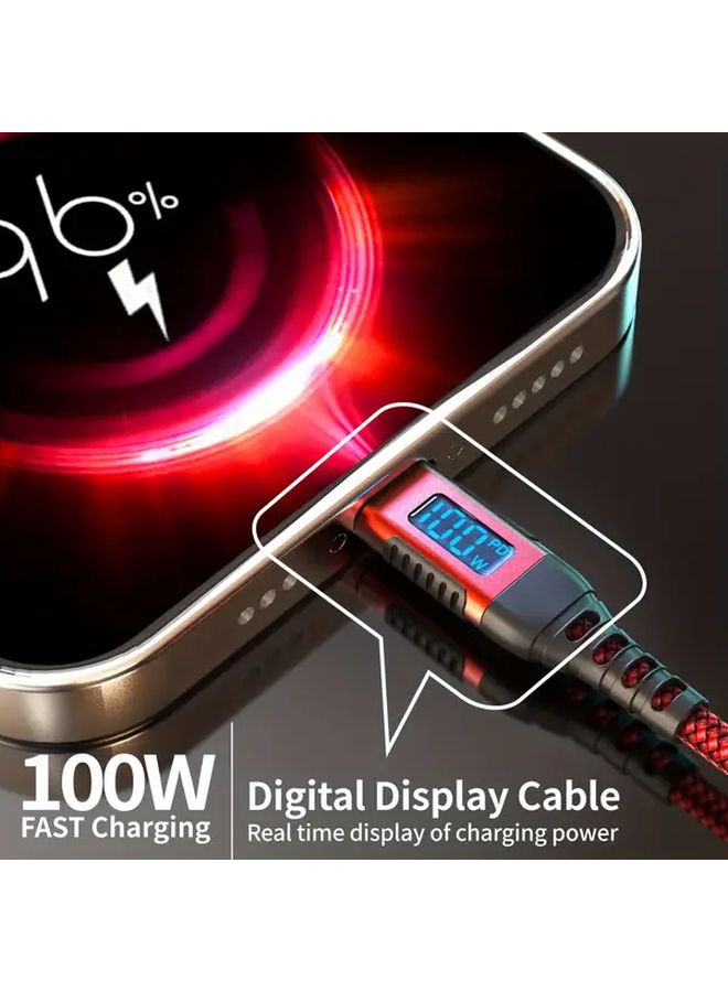 كابل USB-C من النايلون الأحمر المنسوج بطول 2 متر، شحن سريع بقوة 100 واط مع شاشة LED عرضية - Image 3