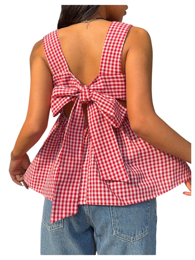 WDIRARA Women's Linen Tie Back Tank Top Square Neck Plaid Peplum Babydoll Tops Red and White Medium - Image 1