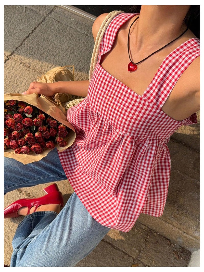WDIRARA Women's Linen Tie Back Tank Top Square Neck Plaid Peplum Babydoll Tops Red and White Medium - Image 5