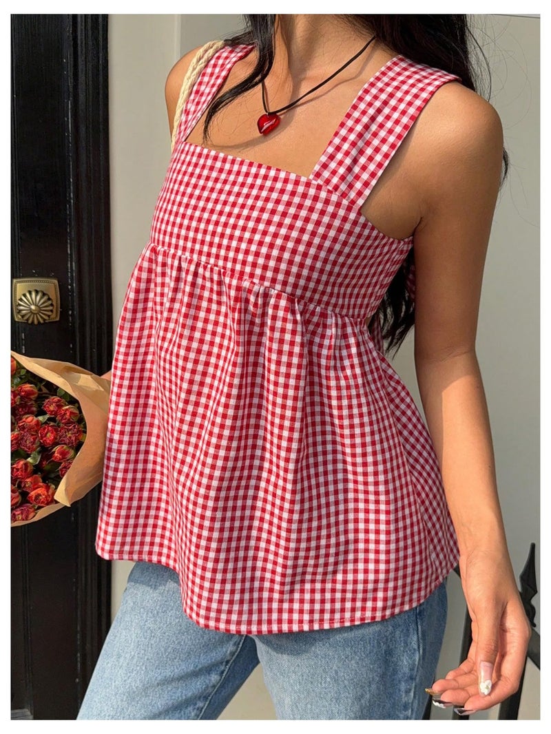 WDIRARA Women's Linen Tie Back Tank Top Square Neck Plaid Peplum Babydoll Tops Red and White Medium - Image 4
