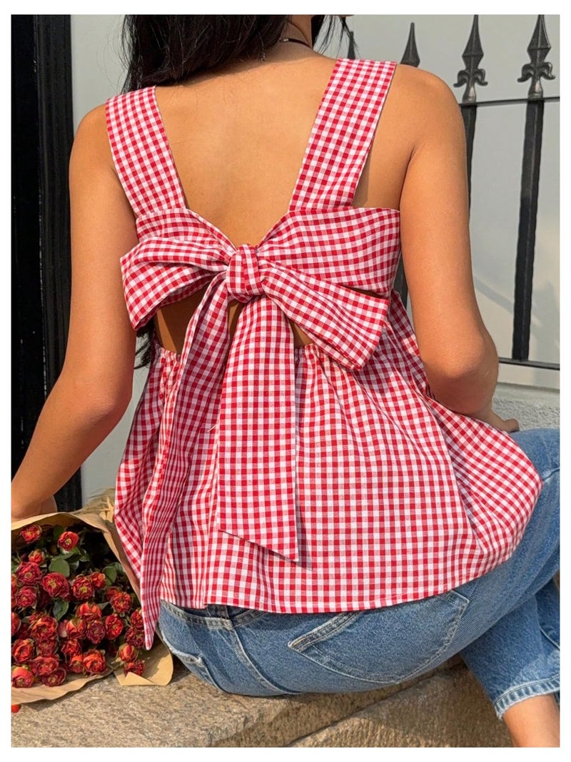 WDIRARA Women's Linen Tie Back Tank Top Square Neck Plaid Peplum Babydoll Tops Red and White Medium - Image 3