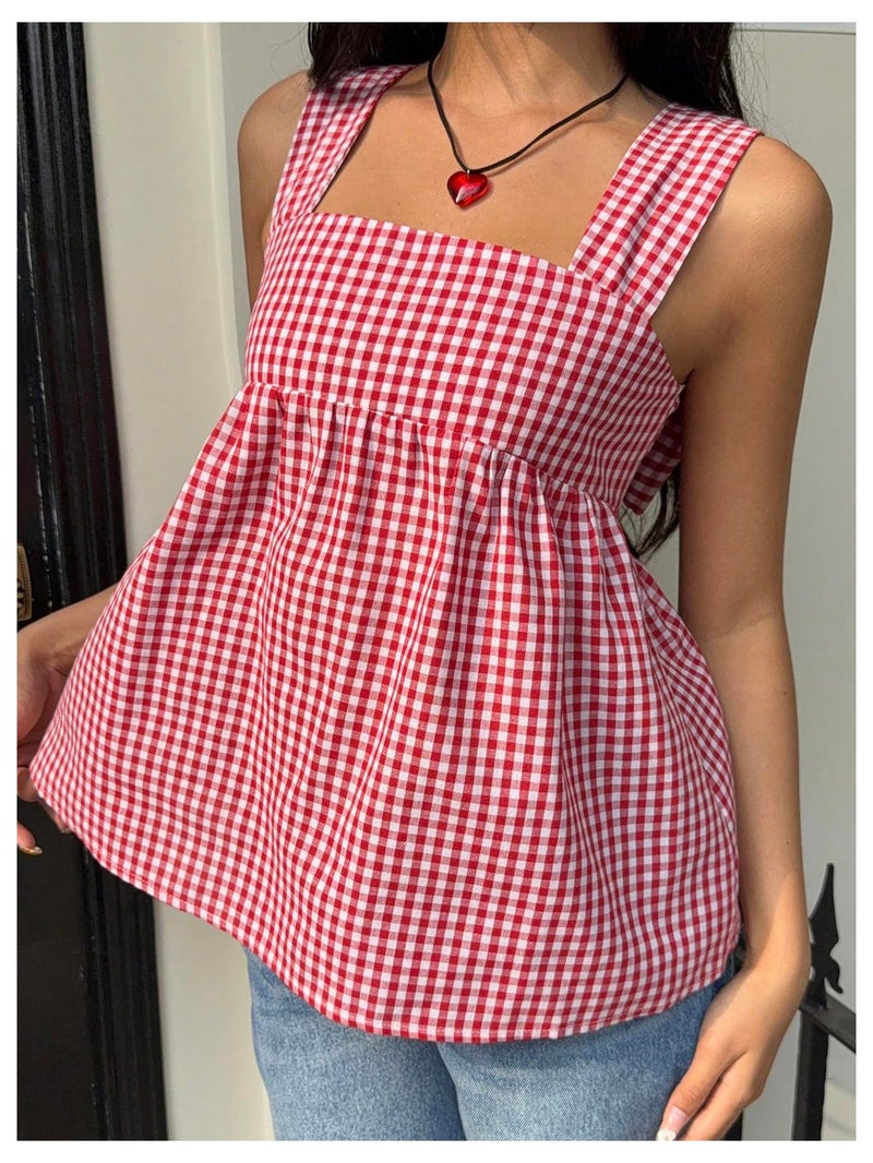 WDIRARA Women's Linen Tie Back Tank Top Square Neck Plaid Peplum Babydoll Tops Red and White Medium - Image 2