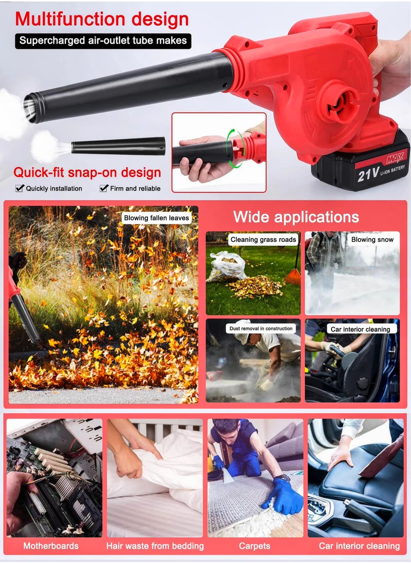 2-in-1 Cordless Leaf Blower and Vacuum Powerful 21V Battery, 18,000 RPM Motor, High-Speed Airflow, Lightweight and Portable, Adjustable Wind Speed, Mini Rechargeable Handheld Electric Blowing Machine Wet Dryer Power Tool for Leaves, Dust, Car Debris, Yard, Patio, Garage, Courtyard Snow Cleaner, Home Office Computer Cleaning