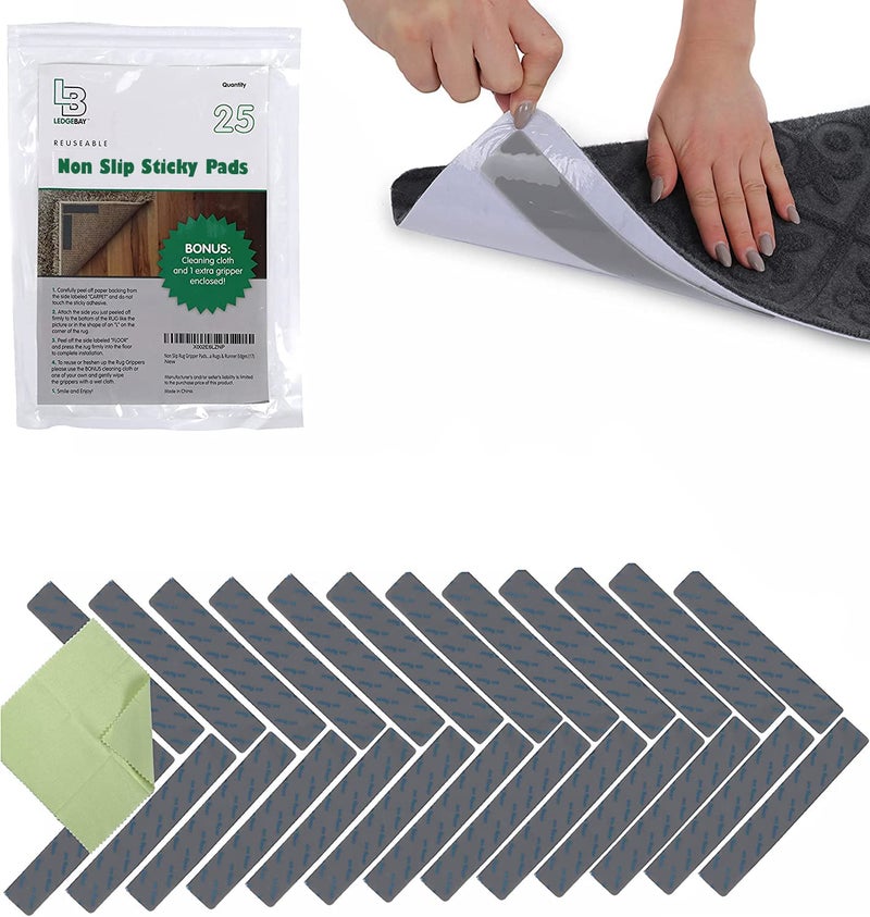 Ledgebay Rug Pad Grippers for Area Rugs Pack of 25 Reusable No Skid Washable AntiSlip Pads Rug Gripper for Hardwood Floors and Tile with DoubleSided Self Adhesive Rug Tape to Keep Rugs Flat