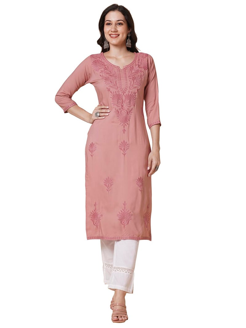 RATAN Women Rayon Straight Fit Lucknowi Chikankari Ethnic Wear Kurta (MEHR-1790-S_Onion Pink) - Image 1