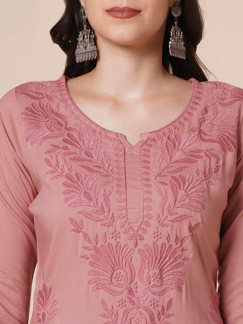 RATAN Women Rayon Straight Fit Lucknowi Chikankari Ethnic Wear Kurta (MEHR-1790-S_Onion Pink) - Image 5