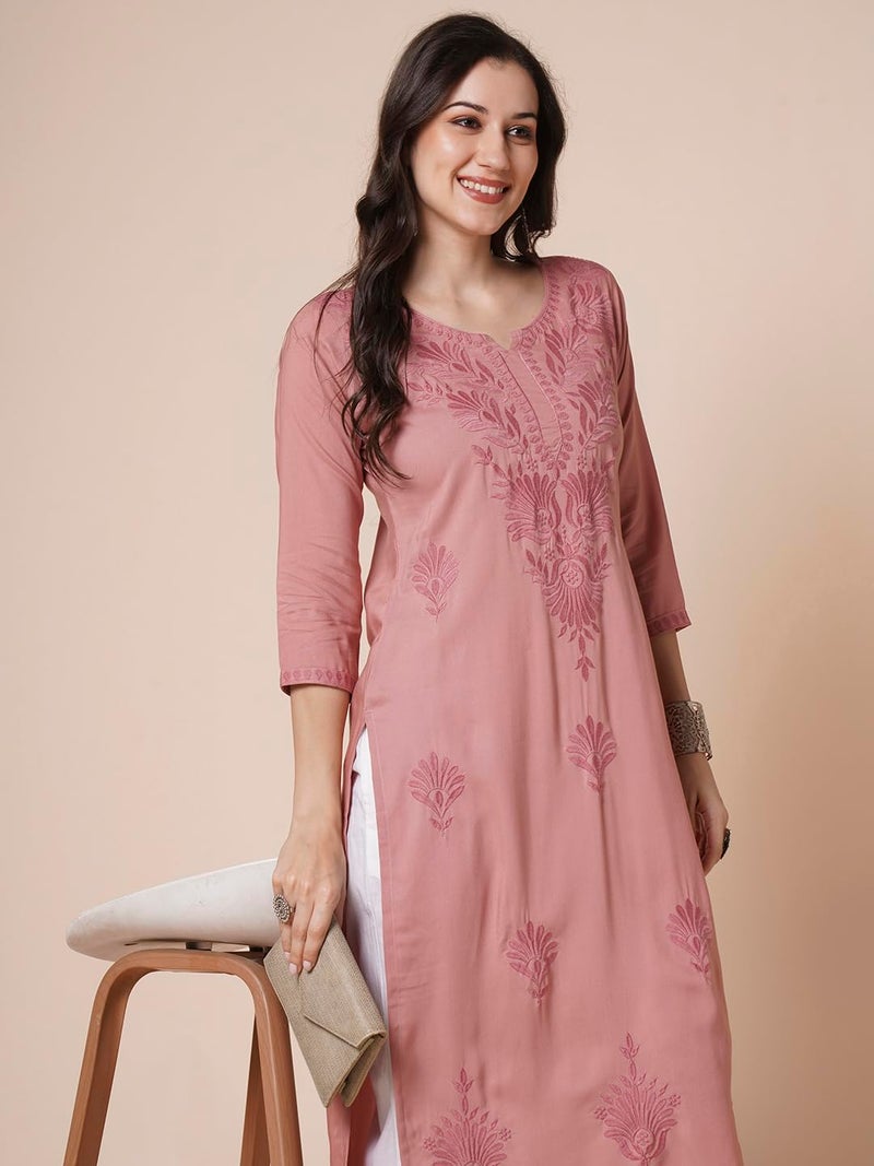 RATAN Women Rayon Straight Fit Lucknowi Chikankari Ethnic Wear Kurta (MEHR-1790-S_Onion Pink) - Image 3