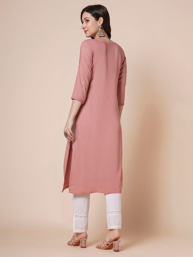 RATAN Women Rayon Straight Fit Lucknowi Chikankari Ethnic Wear Kurta (MEHR-1790-S_Onion Pink) - Image 4