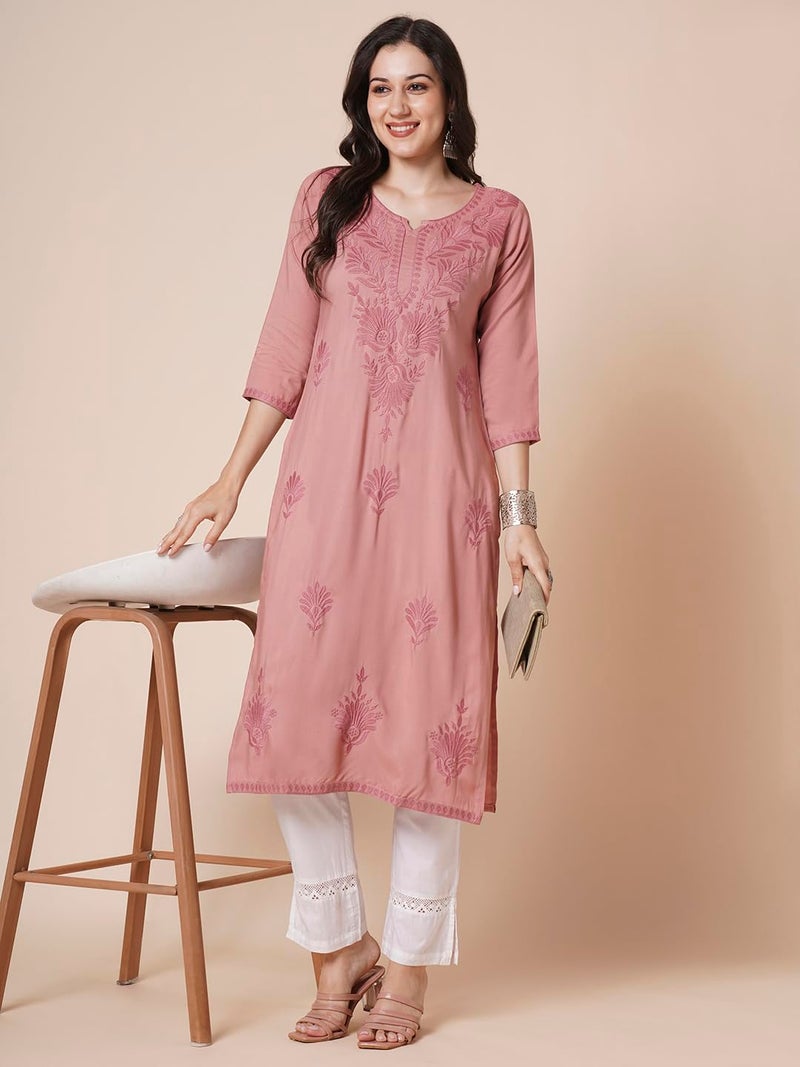 RATAN Women Rayon Straight Fit Lucknowi Chikankari Ethnic Wear Kurta (MEHR-1790-S_Onion Pink) - Image 2