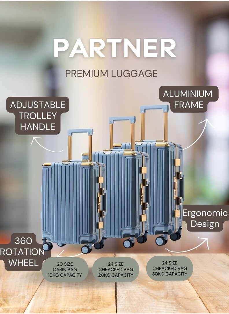 PK - 3 PCS TROLLEY LUGGAGE ALUMINUM FRAME POLY CARBON MATERIAL, LUGGAGE SUITCASE SET AND CABIN LUGGAGE BAG SET LIGHT BLUE COLOUR - Image 1