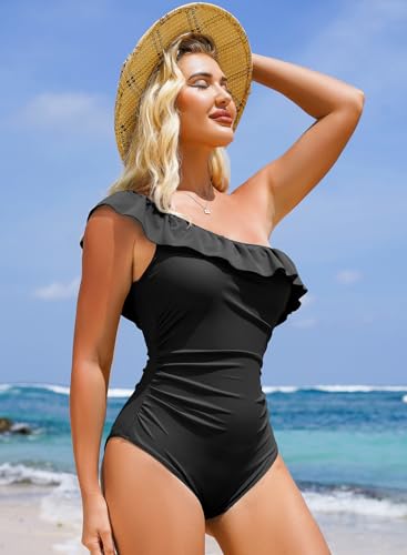 Dokotoo Lady Cold Shoulder One-Piece Swimsuit One Shoulder 2025 Asymmetric Removable Padded Ruffled Sleeve Cute Monokinis Tummy Control Plus Size Swimwear,Black X-Large - Image 4