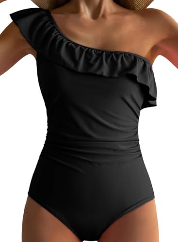 Dokotoo Lady Cold Shoulder One-Piece Swimsuit One Shoulder 2025 Asymmetric Removable Padded Ruffled Sleeve Cute Monokinis Tummy Control Plus Size Swimwear,Black X-Large - Image 1