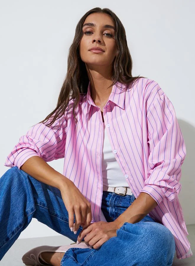 Styli Pink Striped Long Sleeves Oversized Shirt