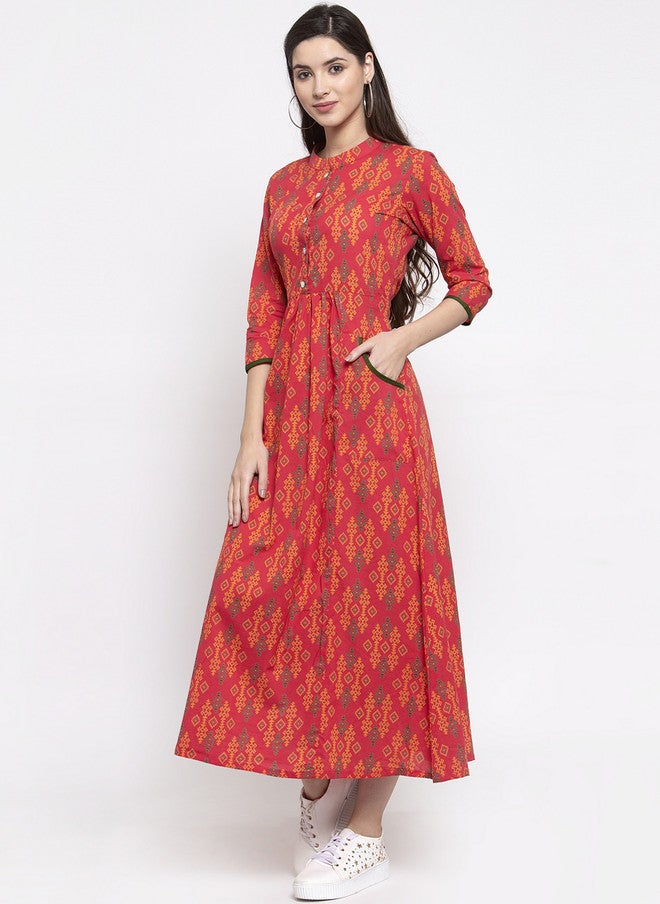 Indibelle Women Red Printed Fit and Flare Dress with Mandarin Collar - Image 3
