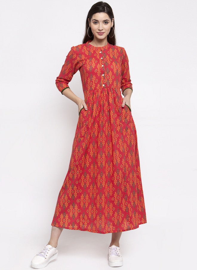 Indibelle Women Red Printed Fit and Flare Dress with Mandarin Collar - Image 1
