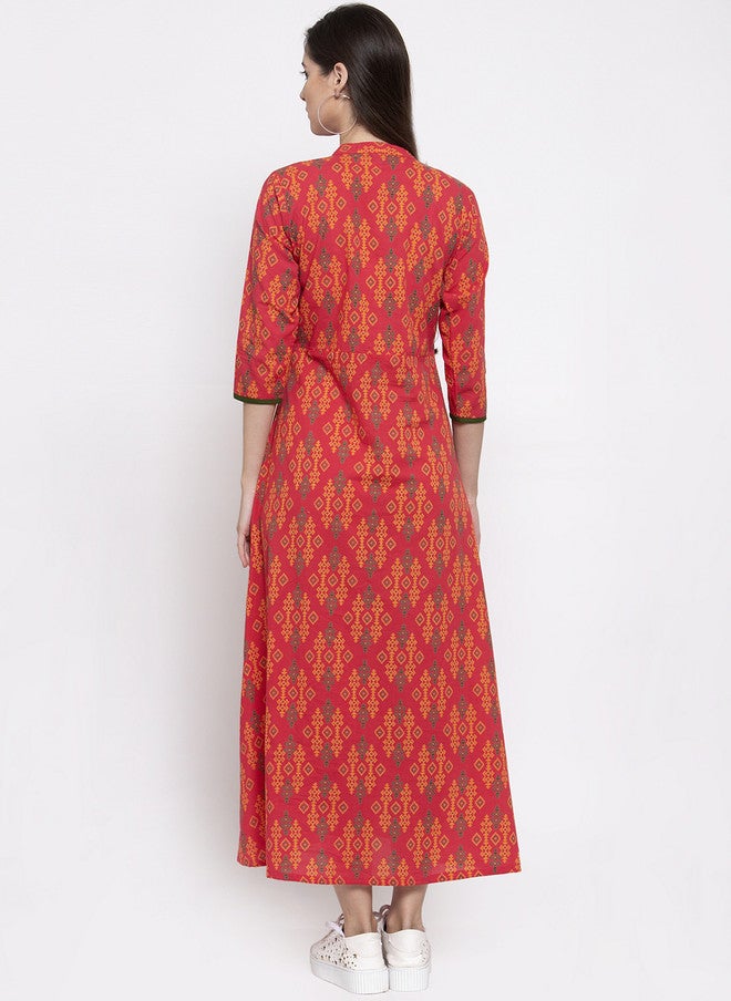 Indibelle Women Red Printed Fit and Flare Dress with Mandarin Collar - Image 4