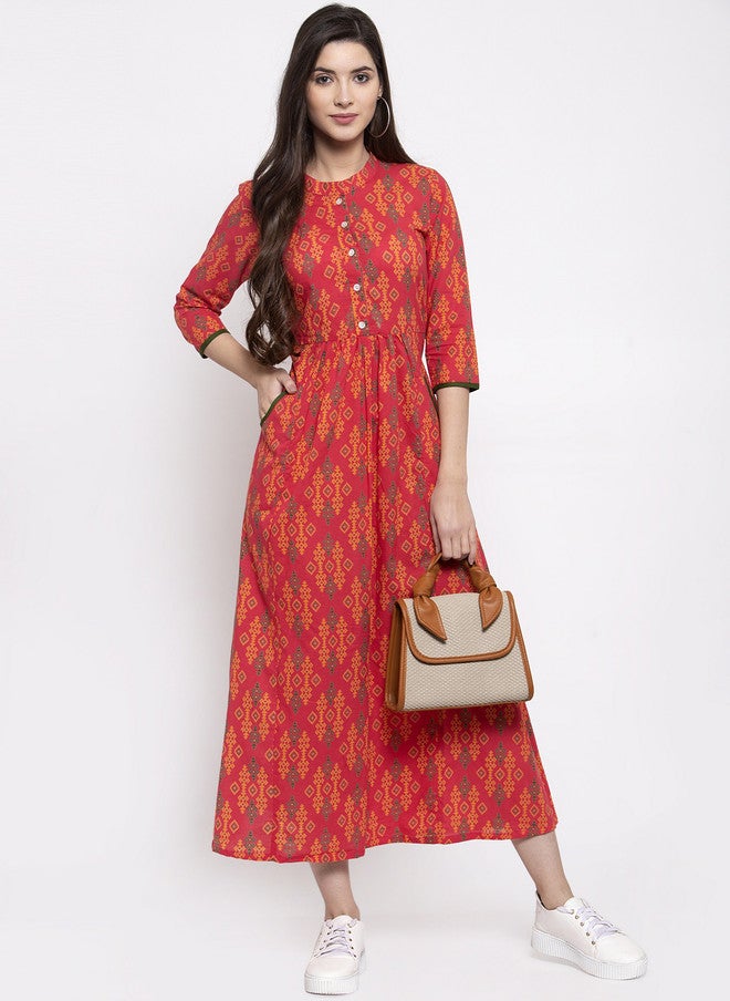 Indibelle Women Red Printed Fit and Flare Dress with Mandarin Collar - Image 5
