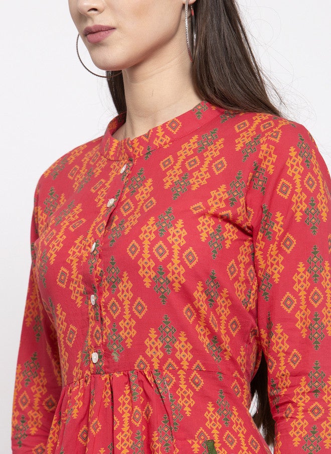 Indibelle Women Red Printed Fit and Flare Dress with Mandarin Collar - Image 2