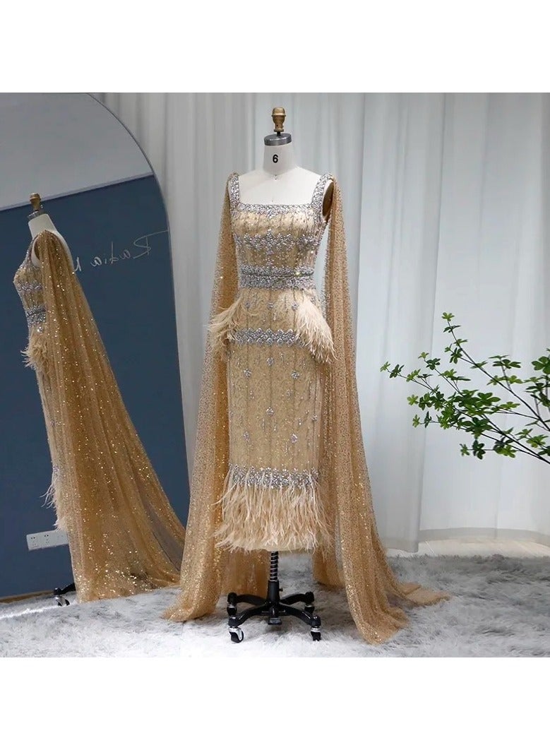 Mermaid evening dress with feathers and a veil that falls in the back  - Image 1