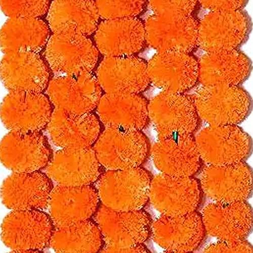 TOISA Genda Phool orangw Artificial Marigold Fluffy Flower/Genda Phool Garlands String for Diwali, Navratri,Durga Pooja Festival Office Decoration (60 inch, Pack of 5) - Image 1