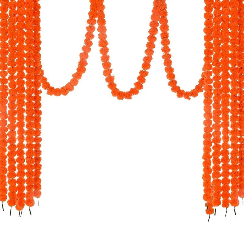 TOISA Genda Phool orangw Artificial Marigold Fluffy Flower/Genda Phool Garlands String for Diwali, Navratri,Durga Pooja Festival Office Decoration (60 inch, Pack of 5) - Image 4