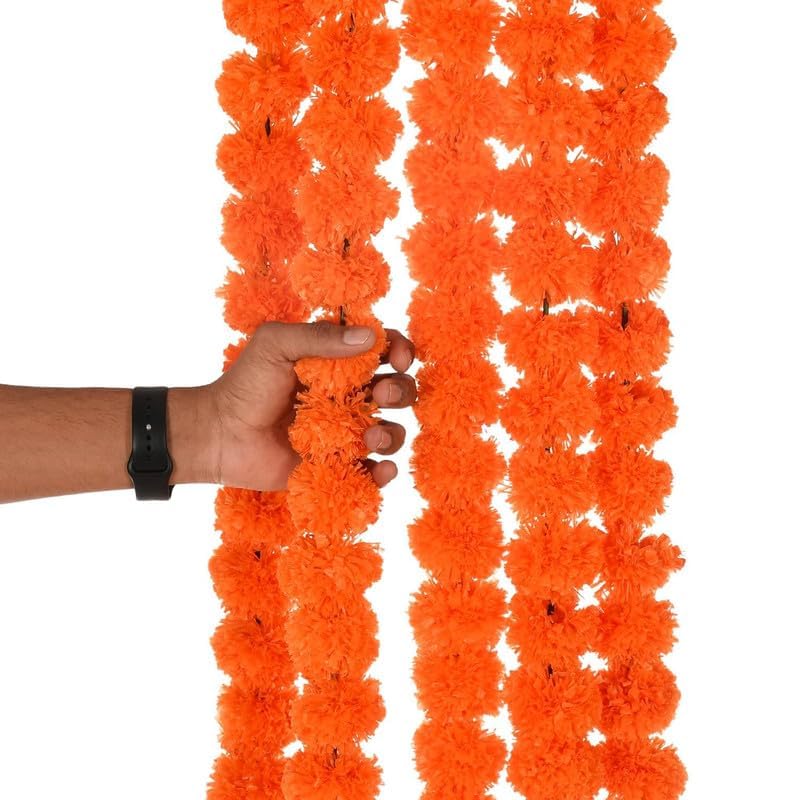 TOISA Genda Phool orangw Artificial Marigold Fluffy Flower/Genda Phool Garlands String for Diwali, Navratri,Durga Pooja Festival Office Decoration (60 inch, Pack of 5) - Image 3