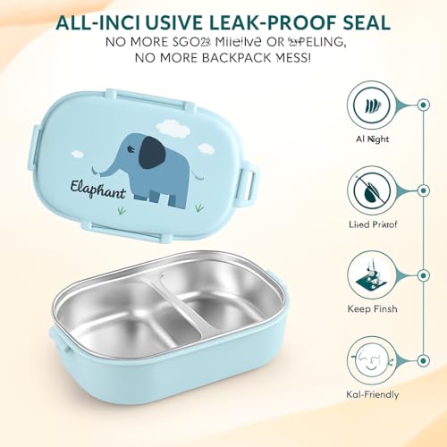 QLECT Kids Star Stainless Steel Lunch Box for Kids Adults, PUF Insulation Keeps Food Warm, Food Grade Bpa Free, 2 Compartments with Locking Lid and Steam Valve, Spill Leak Proof(700ml Printed Blue) - Image 4