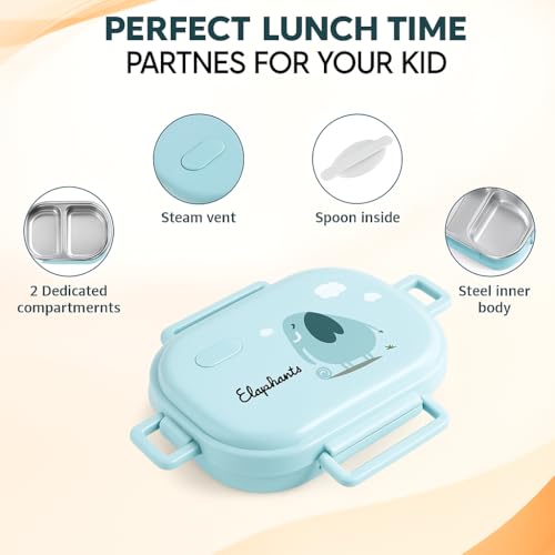 QLECT Kids Star Stainless Steel Lunch Box for Kids Adults, PUF Insulation Keeps Food Warm, Food Grade Bpa Free, 2 Compartments with Locking Lid and Steam Valve, Spill Leak Proof(700ml Printed Blue) - Image 5