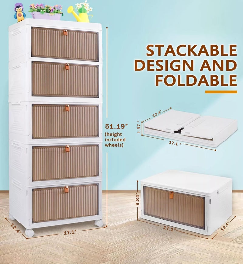 EXVITO Plastic Cupboard for Storage - Collapsible Wardrobes for Clothes | Almirah for Clothes | Folding Storage Box | Stackable Storage Bins with Door Space Saving Bedroom Closet (Cream, 5-Tier) - Image 2