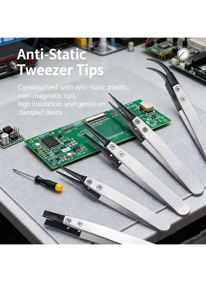 Anti Static Tweezers Medium Flat Head with Interchangeable Tips For Electronics - Image 1