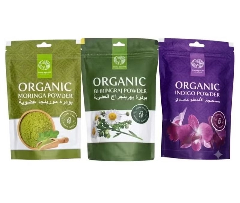 Zeina Beauty Organic Hair Care Set (3 pieces) - Moringa Powder, Bhringraj Powder, and 100% Natural Indigo Powder to Promote Growth and Natural Color