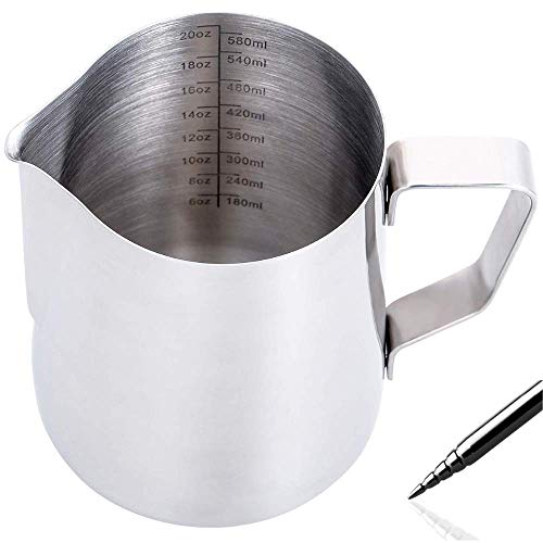 Homepixi Milk Frothing Pitcher (600ML) with Coffee Art Needle, 304 Stainless Steel Espresso Coffee Pitcher for Latte Art, Jug for Milk Frothing, Barista Tools for Cappuccino & Coffee - Image 1