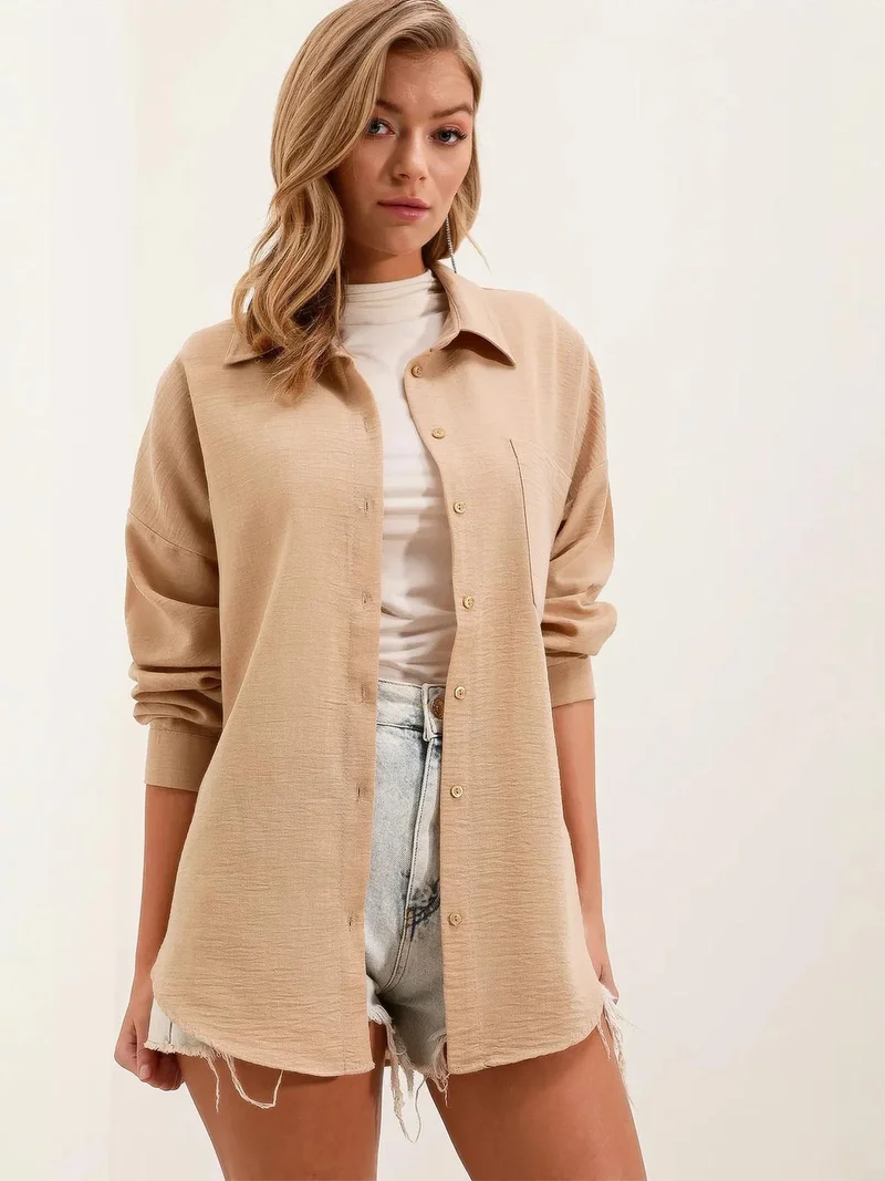 Big Dart Beige Natural BDART Linen Blended Shirt with Button Closure for Women | Best Price UAE