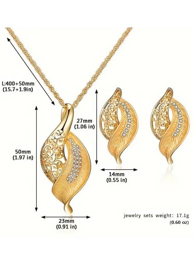 YJ Elegant Golden-Toned Hollow Leaf Rhinestone Necklace and Earrings Set - Vintage Zinc Alloy Jewelry, Ideal for Couples, Christmas, New Year, Birthday, Wedding Gifts, Birthday Gift Jewelry|Vintage Jewelry|Goldtone Finish - Image 2