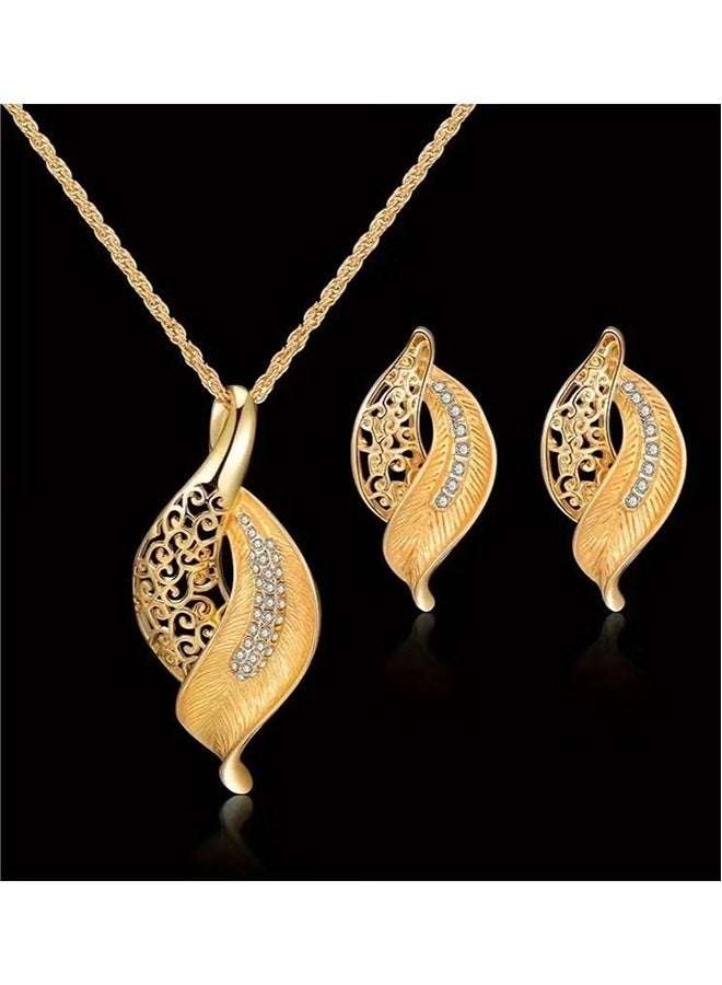 YJ Elegant Golden-Toned Hollow Leaf Rhinestone Necklace and Earrings Set - Vintage Zinc Alloy Jewelry, Ideal for Couples, Christmas, New Year, Birthday, Wedding Gifts, Birthday Gift Jewelry|Vintage Jewelry|Goldtone Finish - Image 4