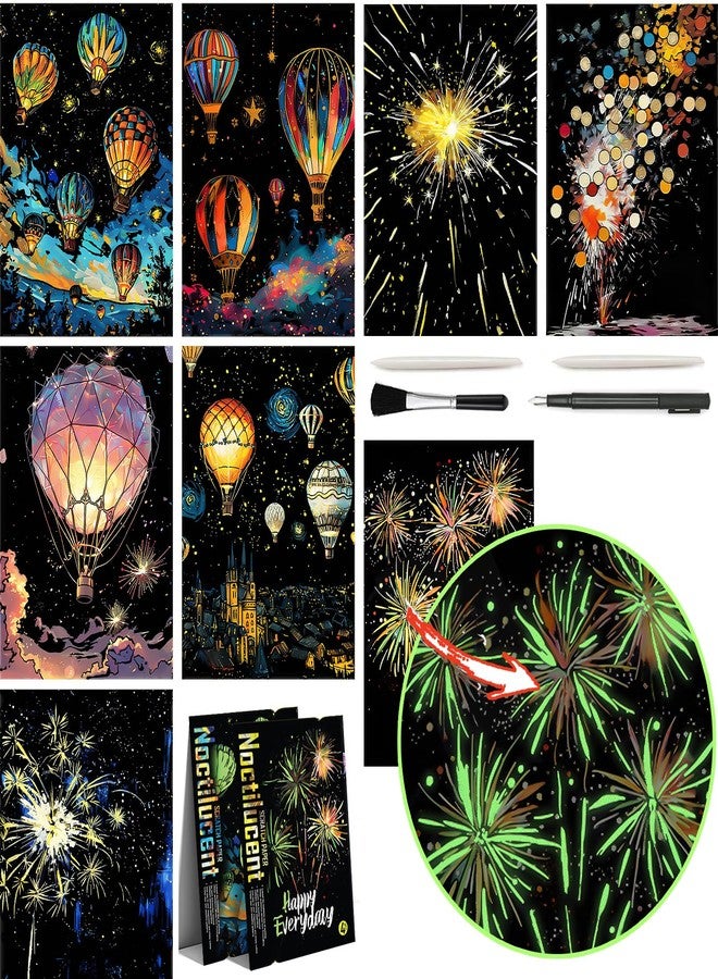 VTEAS 8 Sheet Noctilucent Scratch Art Rainbow Painting Paper with Pen/Cleaning Brush, Glow in The Dark Engraving Scratchboard(A4) for Teens & Adults, Sketch Card Creative DIY Craft (Fireworks) - Image 1